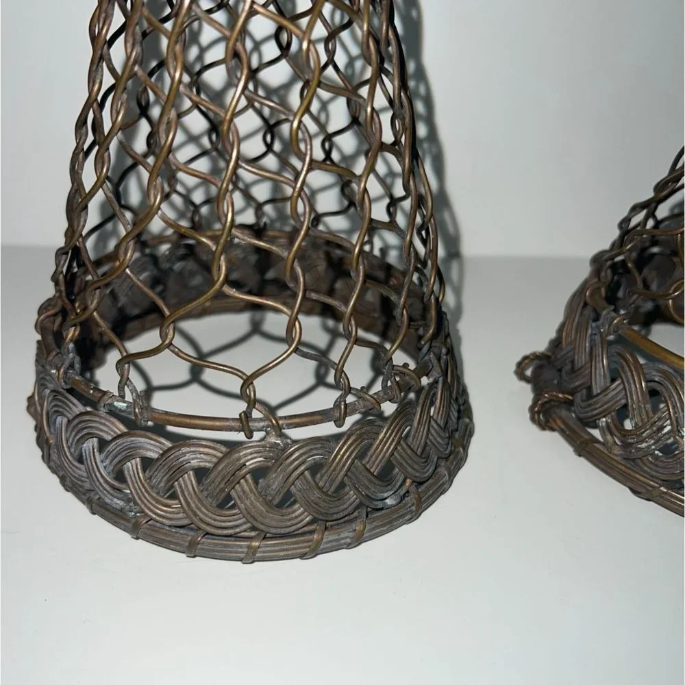 A Pair of Vintage Woven French Brass Wire Topiary/Wall Pockets Hanging Vase
